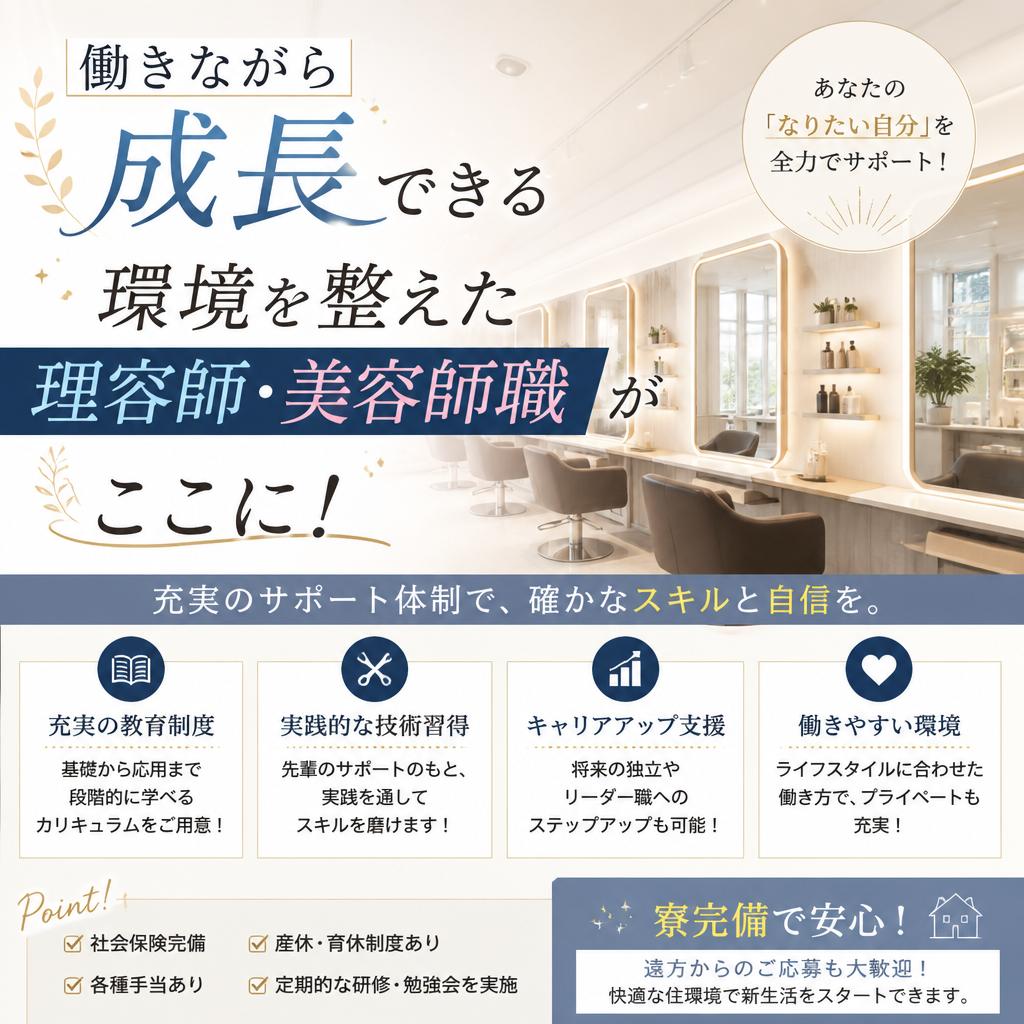 働きながら成長できる環境を整えた理容師・美容師職がここに！寮完備で安心！